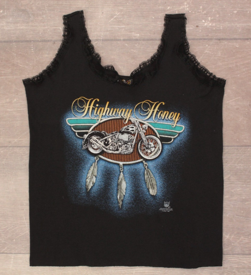 VTG Womens 90s Biker 3D Emblem Lace Trim Tank Top TShirt XL Harley Highway Honey