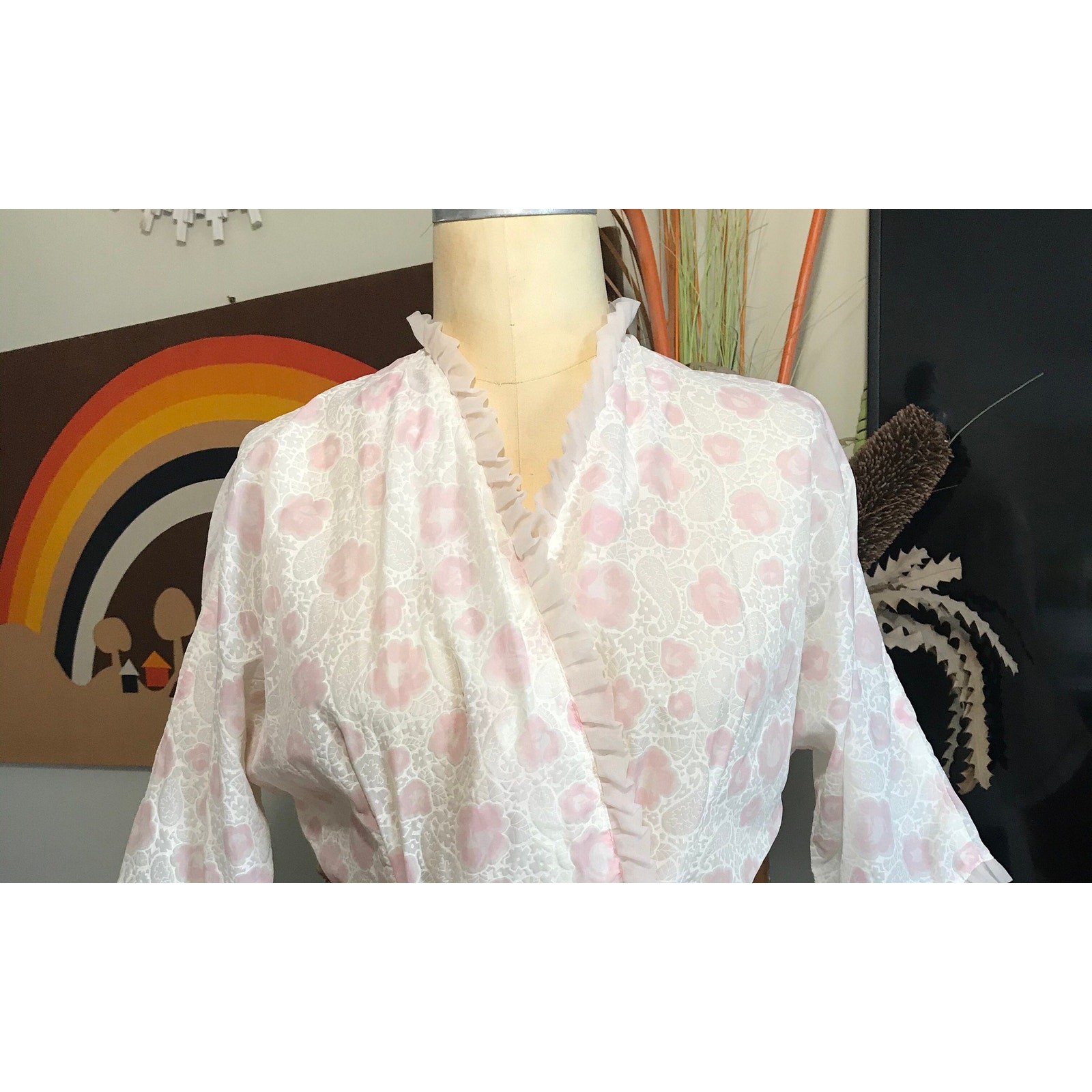 Jane Joyce 1940s Robe Sheer White Paisley Pink Floral Ruffled Dressing Gown