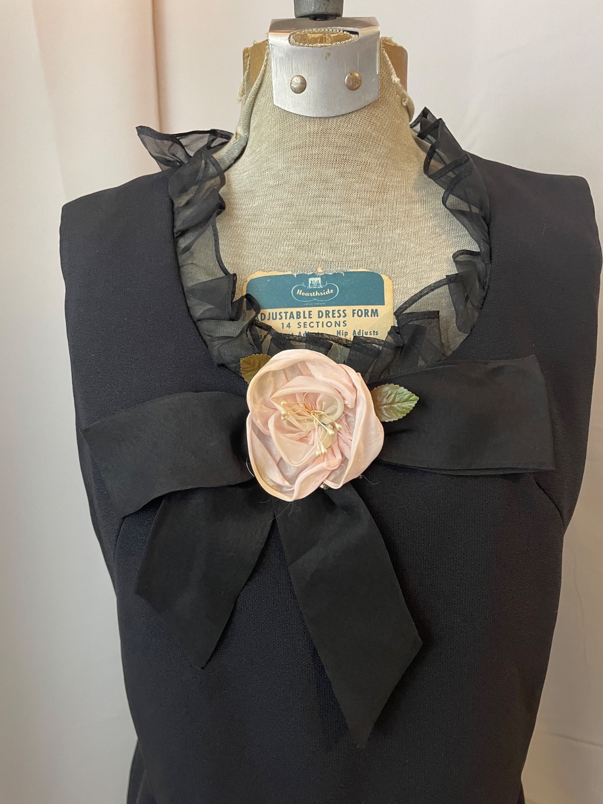 Black Mini Dress Sheer Ruffles Bow Pink Rose 1950s Vintage Coquette Twee 11 S XS
