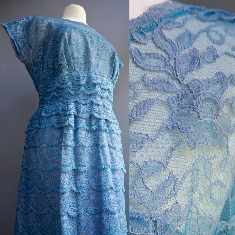 VTG 50s 60s Ferman O’Grady Blue Bombshell Pin Up Starlet Tiered Lace Dress L XL