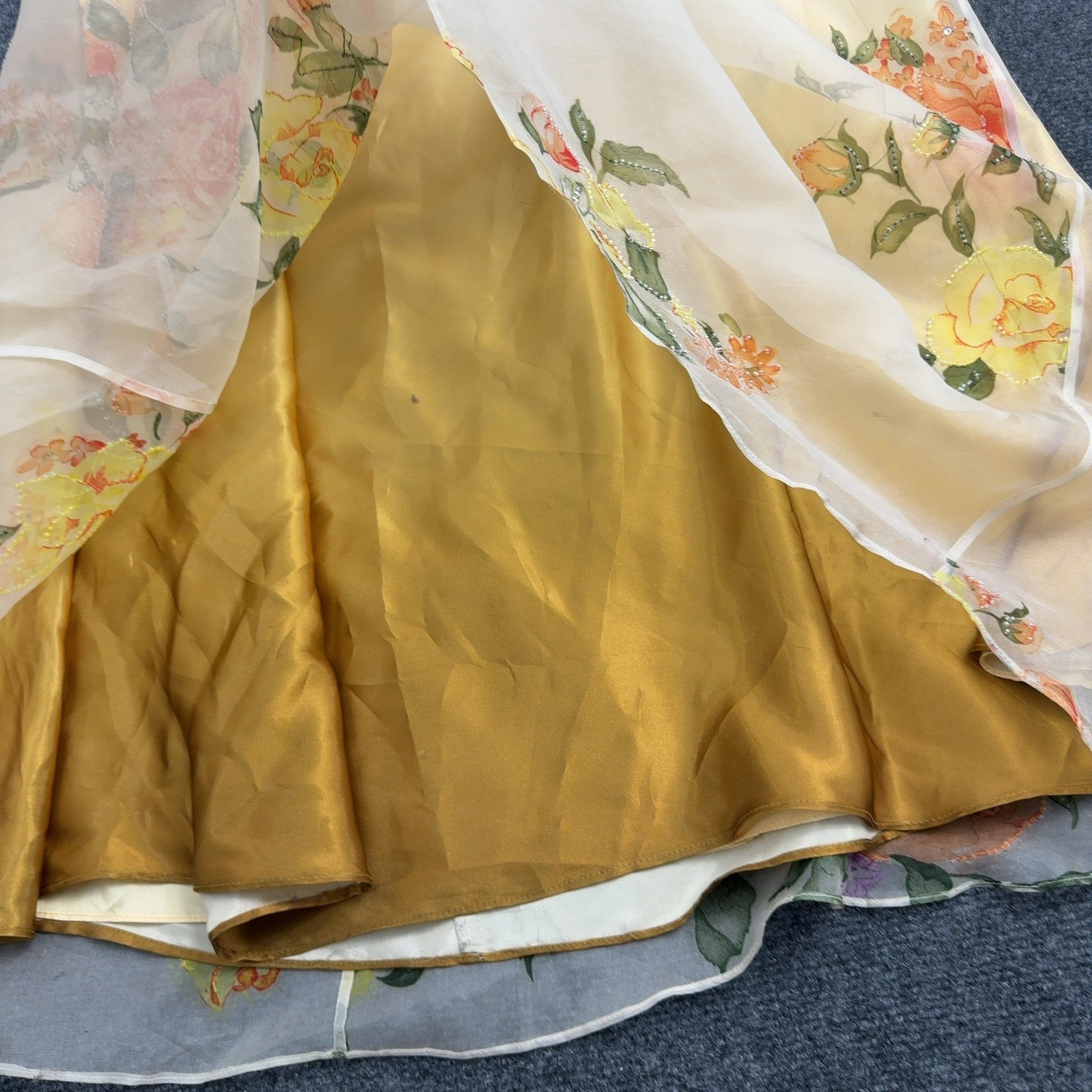Vintage Jovani Dress Womens 8 Yellow Silk Floral Beaded Strapless Gown Formal