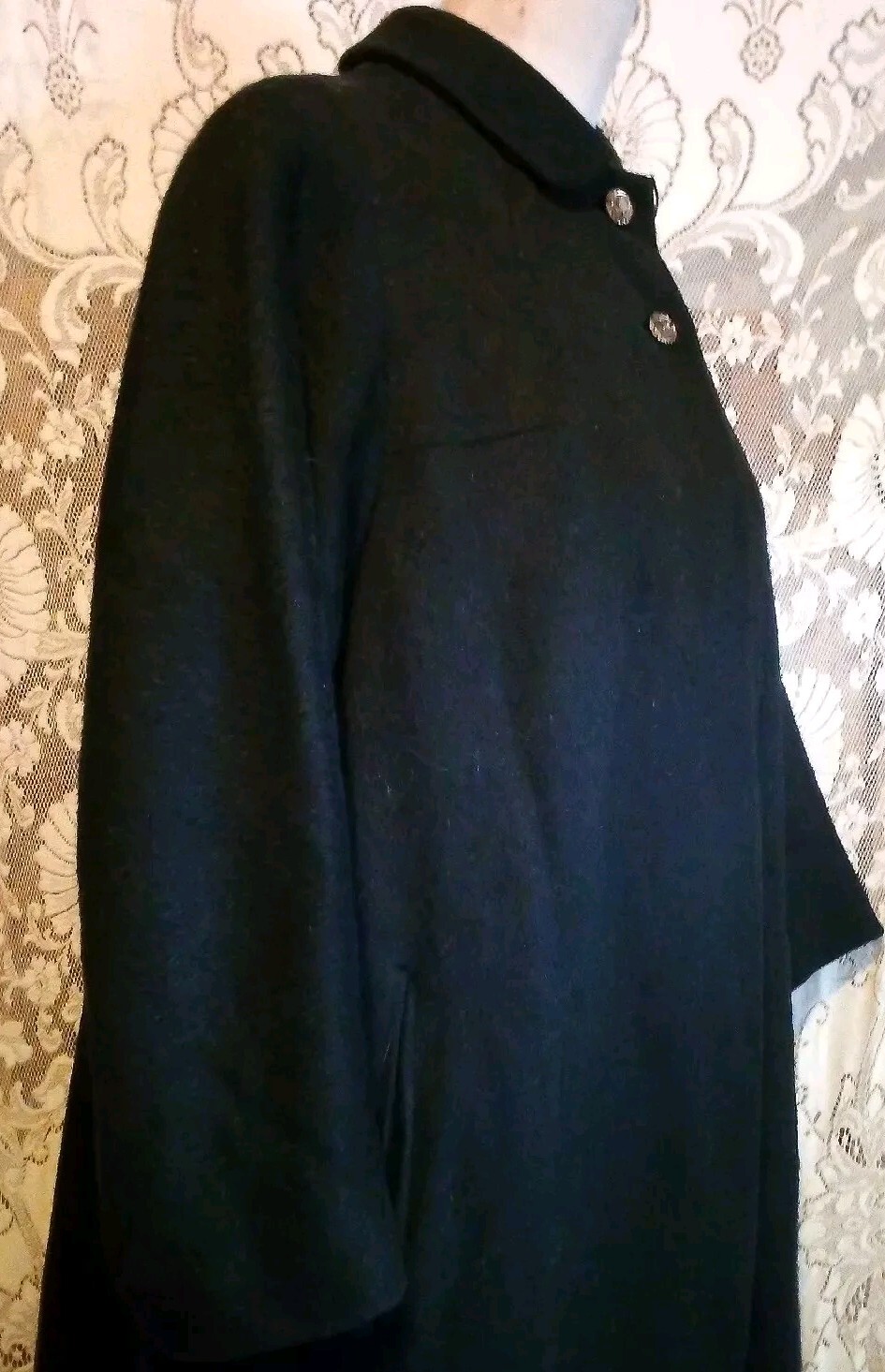 VTG 50s Moordale Fancy Mohair Wool Charcoal Black Coat w Floral Satiny Lining S