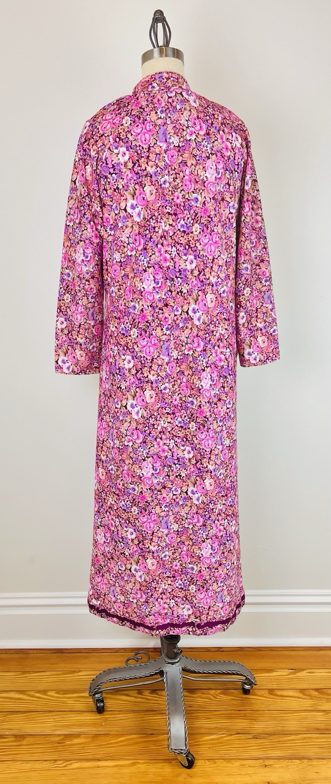 Vintage 70s Floral Flower Power Polyester Zip Up Muumuu Robe House Dress Coat M