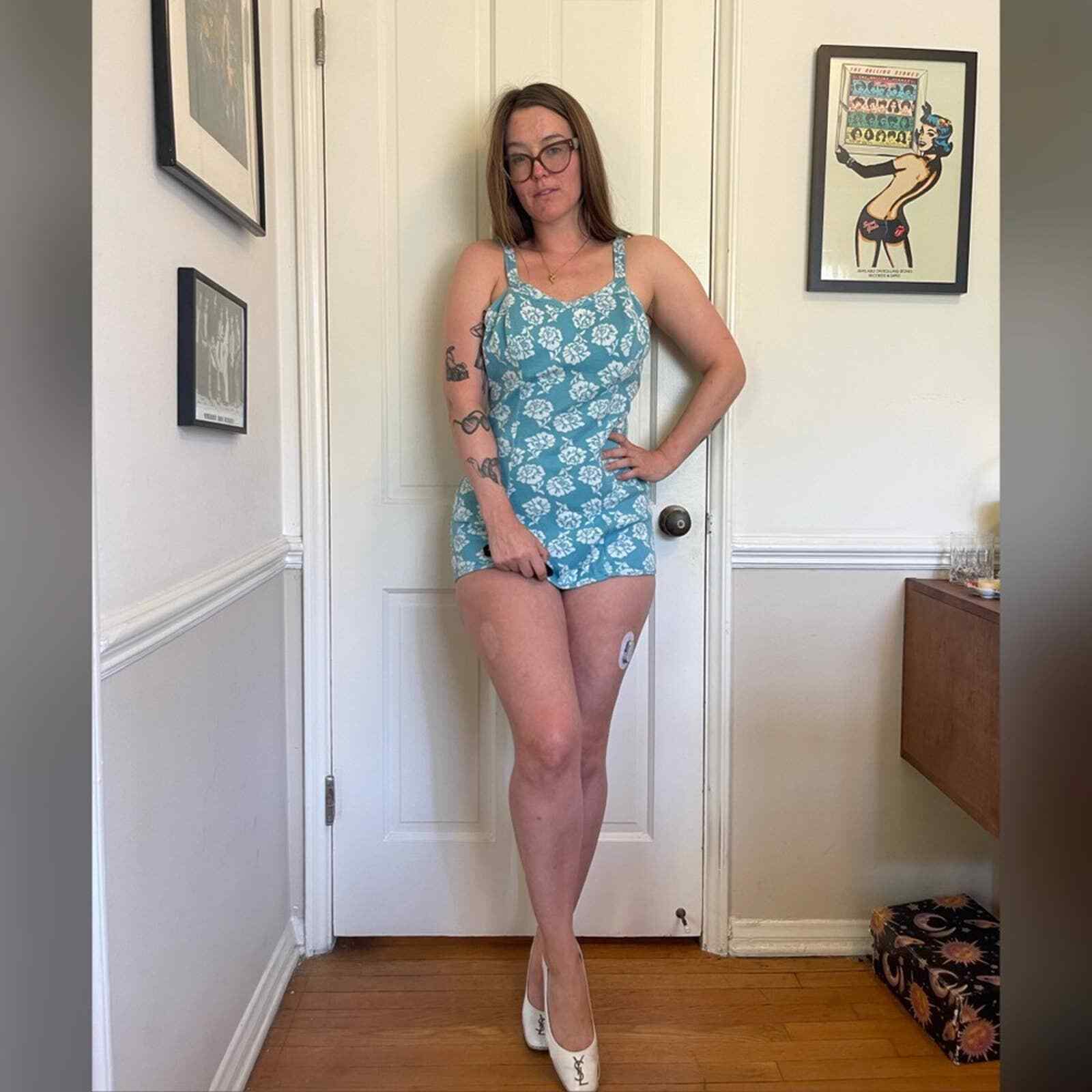 50s Vintage Catalina Blue and White Rose Knit Bathing Suit