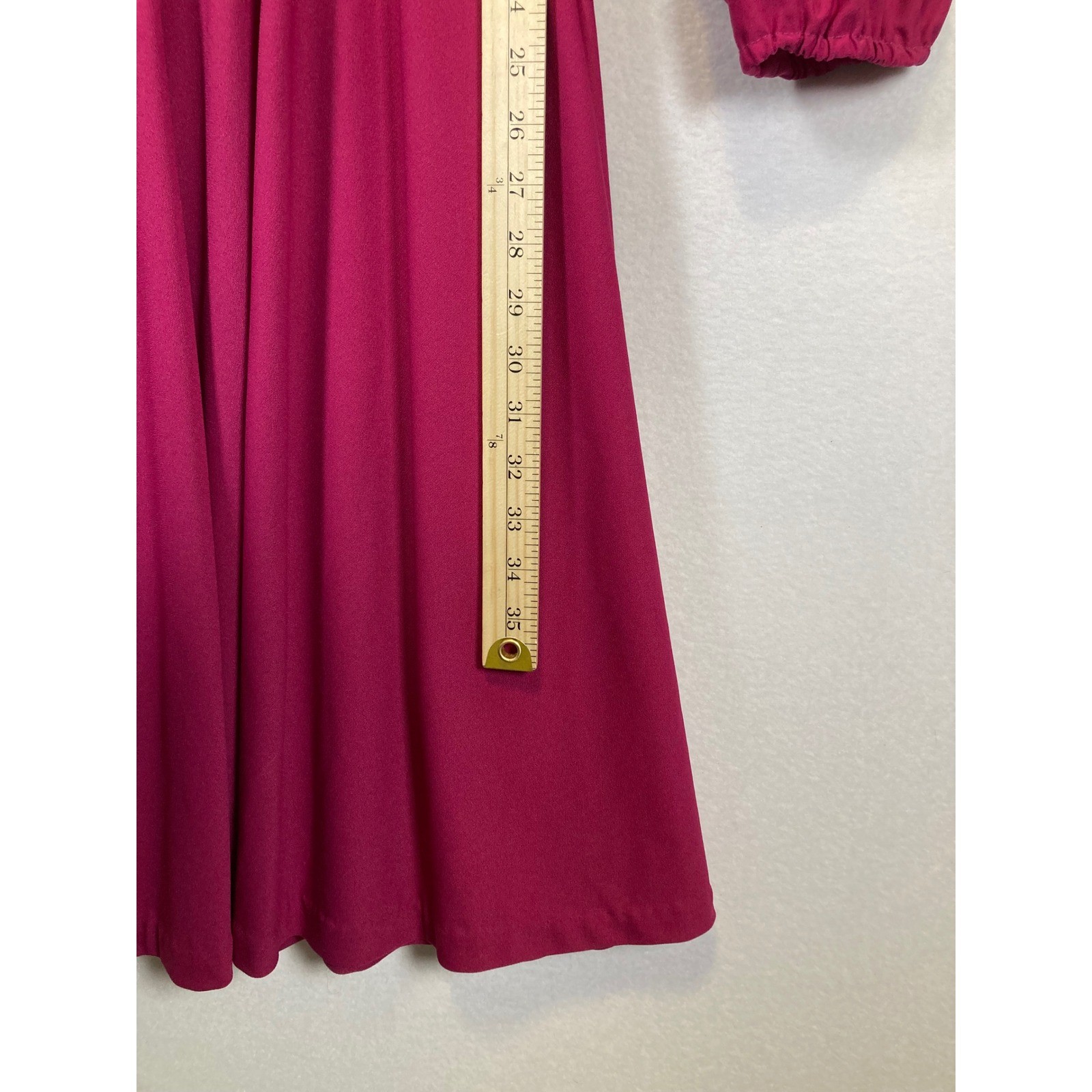 Vintage Sally Lou Women Magenta Pink Pleated Long Sleeve Elastic Waist Dress
