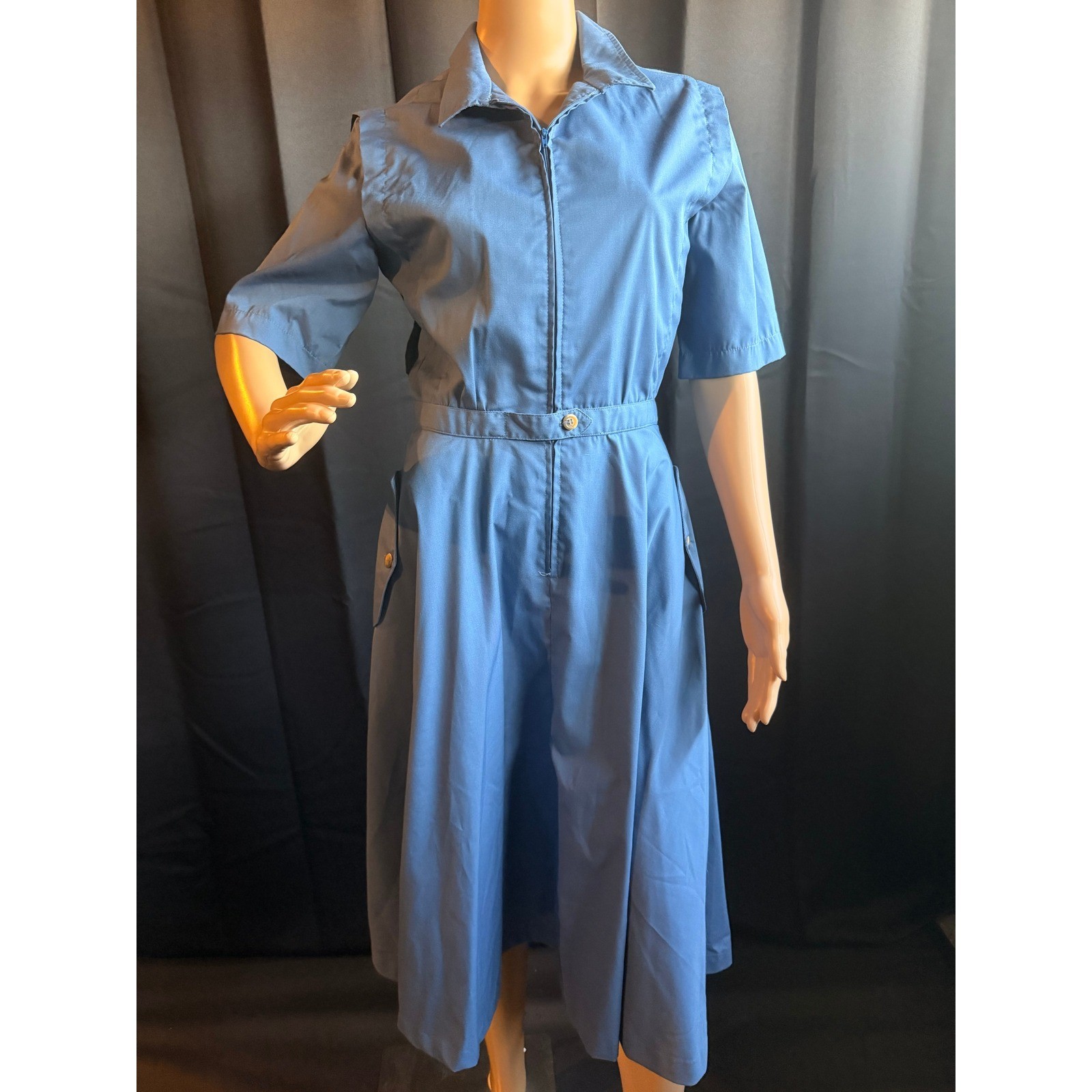 Vintage Blue Zip Front Midi Dress Short Sleeve Utility Workwear Pockets Retro