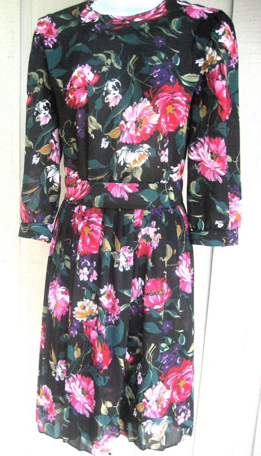 Vintage 80s VLP Petites Dress Sheer Blouson Floral Pleated Skirt