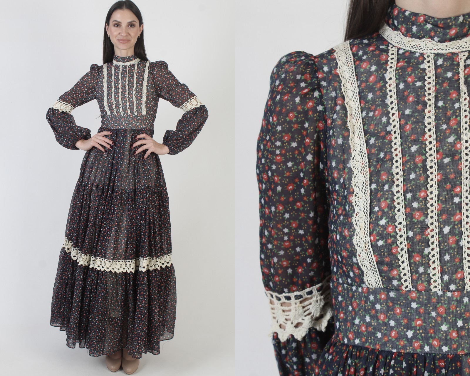 Vtg Gunne Sax Wedding Dress Calico Boho Jessica McClintock Prairie Cottage Gown