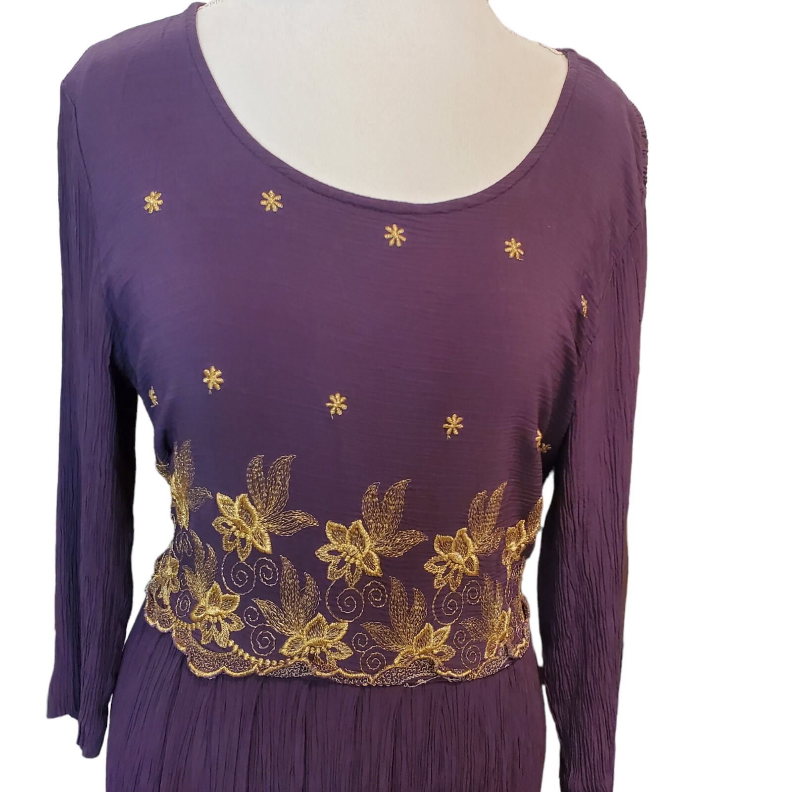 Vintage 90s Purple Empire Waist Midi Dress Gold Embroidery Crinkle Skirt XL 16