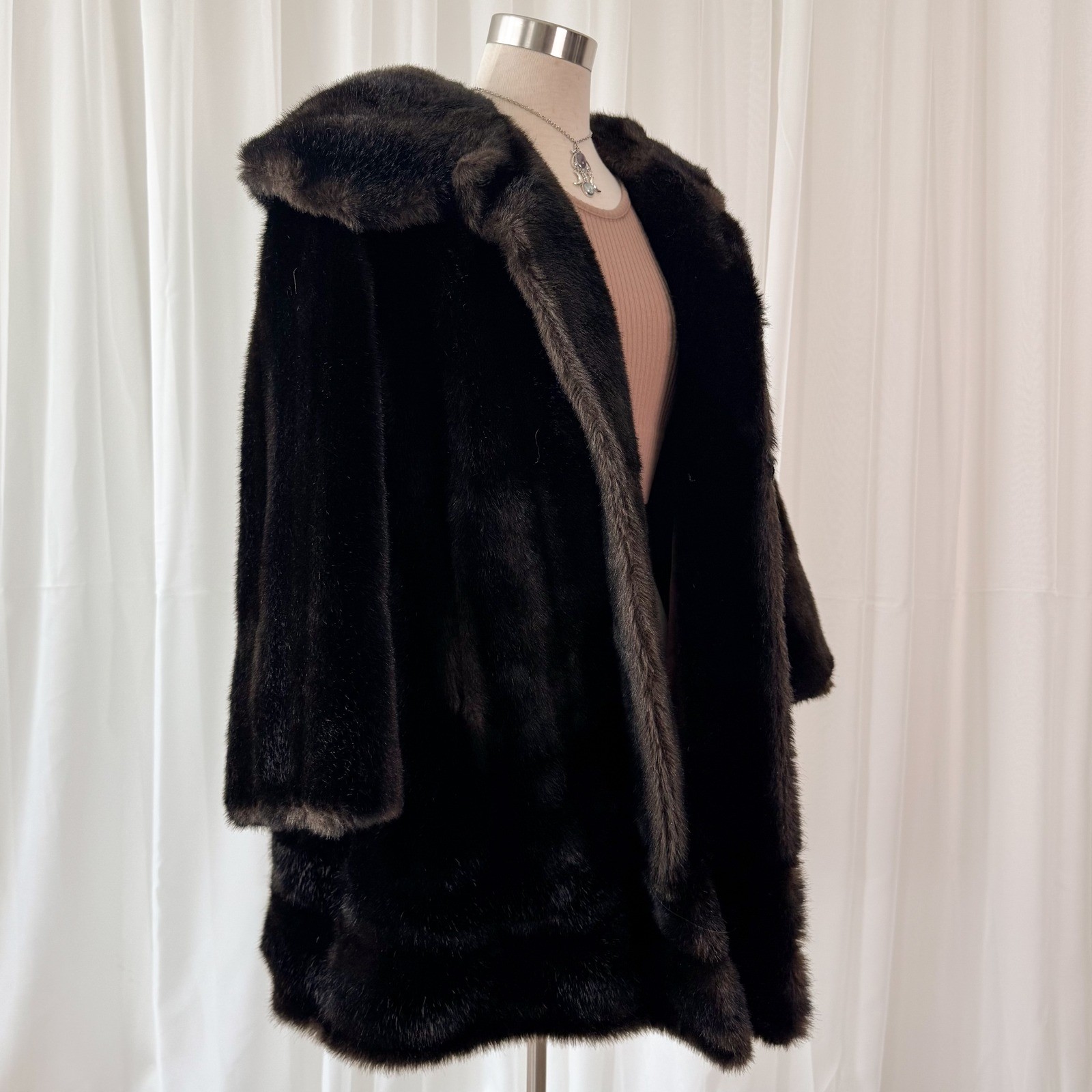 Vintage Faux Fur Coat Tissavel France Brown Hooded Coat Luxury Winter M/L