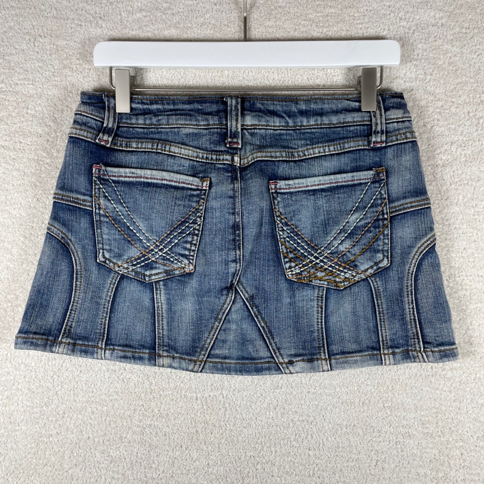 vintage Y2K micro mini low rise denim jean skirt juniors 7 back pocket stitching