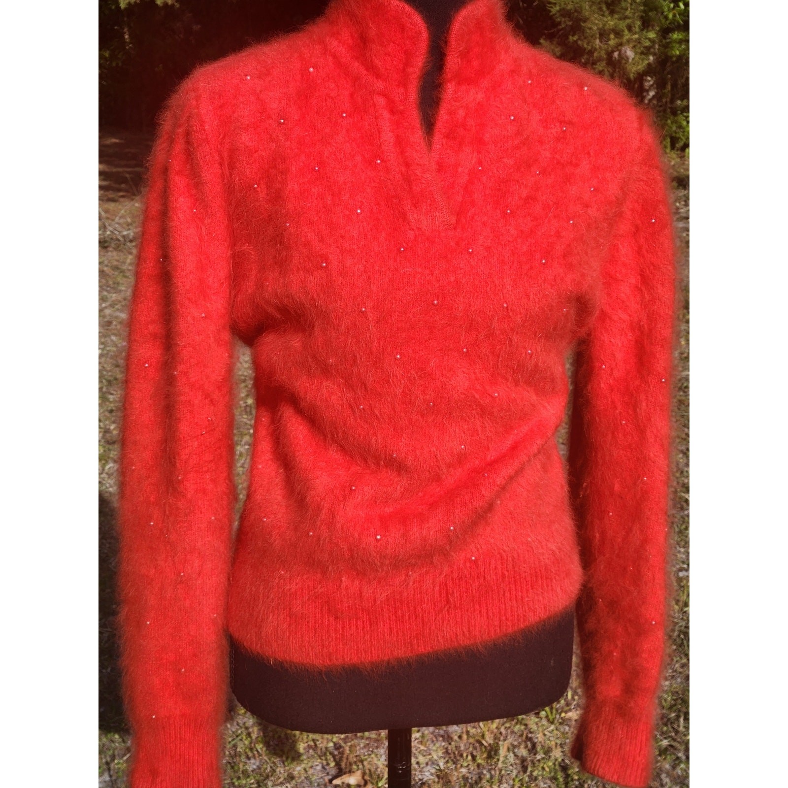 ANGORA Vtg TOMATO RED SWEATER Soft Bead Puff Sleeve Pullover Hi Neck Top M 38