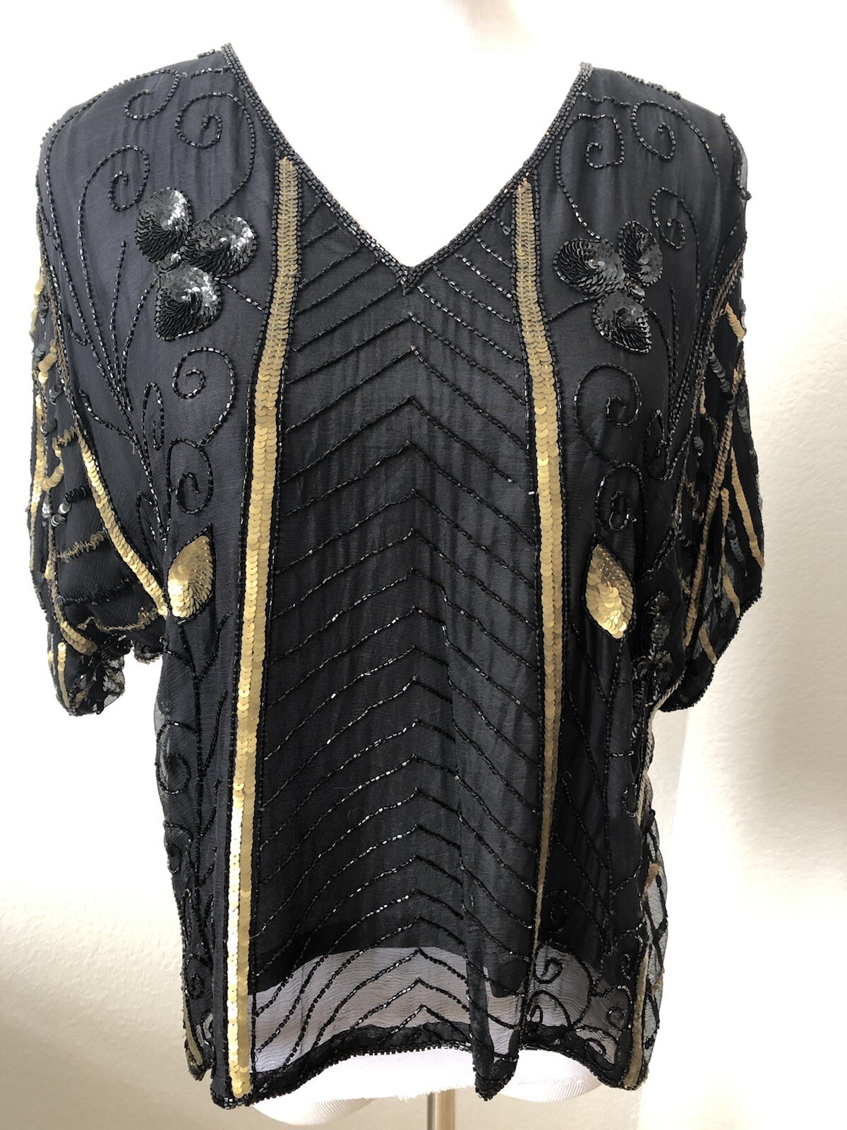 Vtg Beaded Sequin Top Black Gold Bougie Batwing Glam Festival Club Silk Showy M
