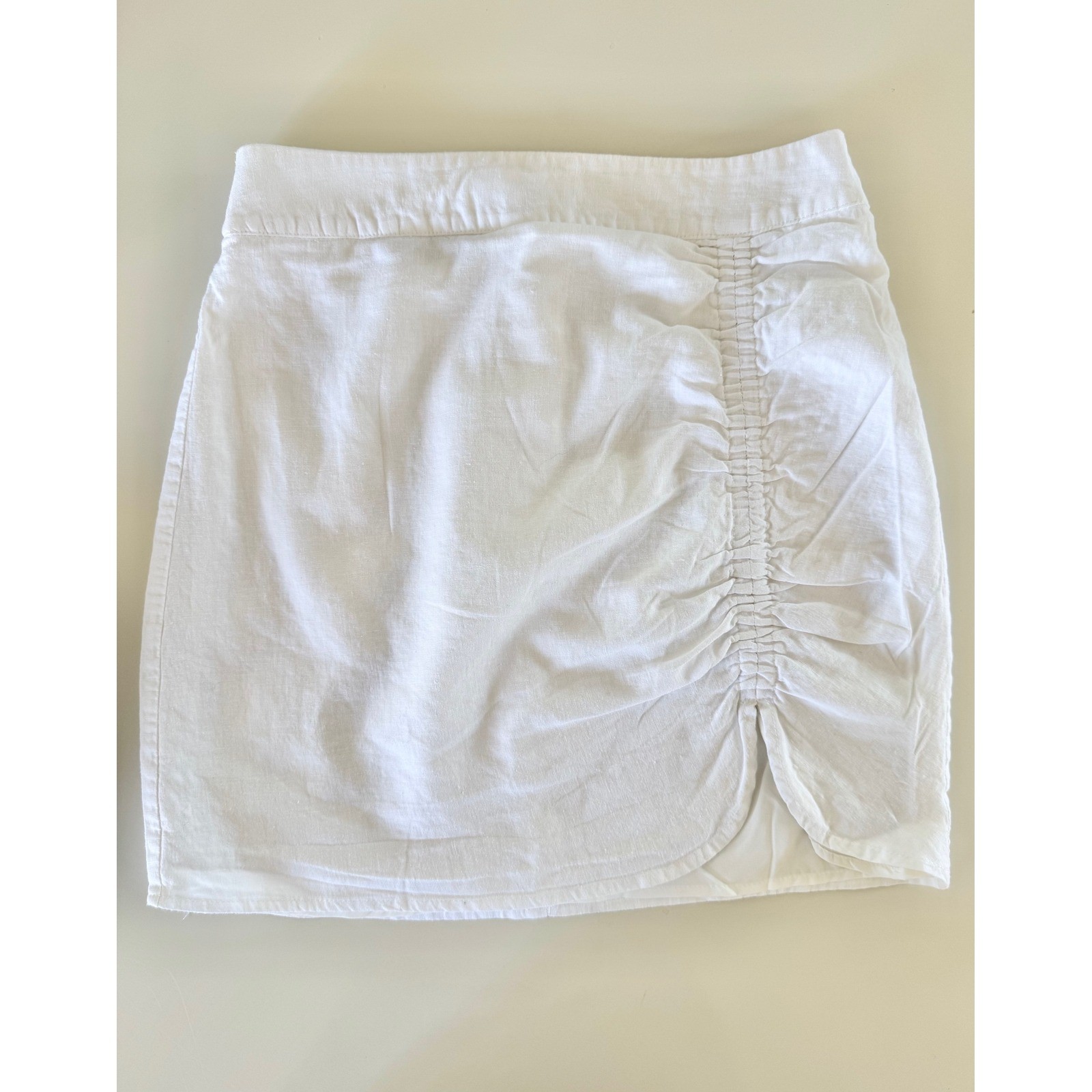 Two Piece Set Womens PP White Linen One Shoulder Puff Top Ruched Mini Skirt
