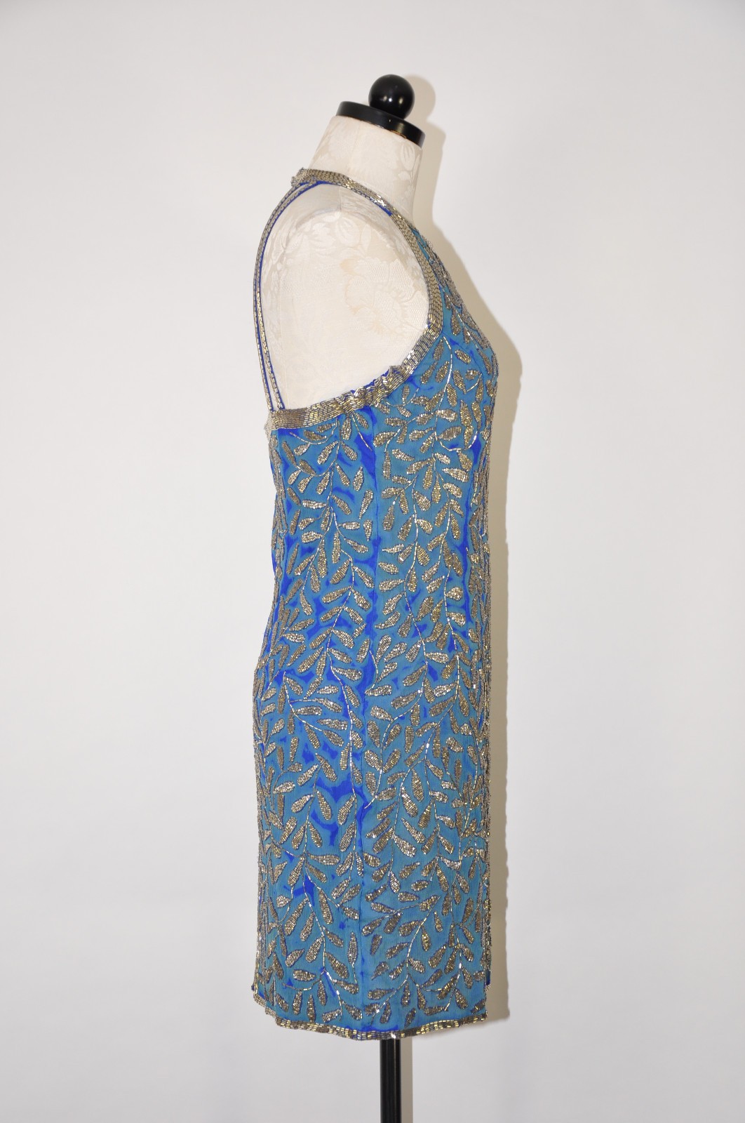 80s Vintage Blue Silk Silver Beaded Jeweled Leaves Backless Halter Mini Dress S