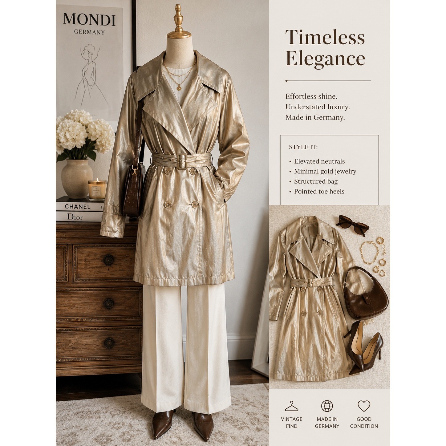 Mondi Germany Vintage Metallic Gold Trench Coat Double Breasted Belted Size 34