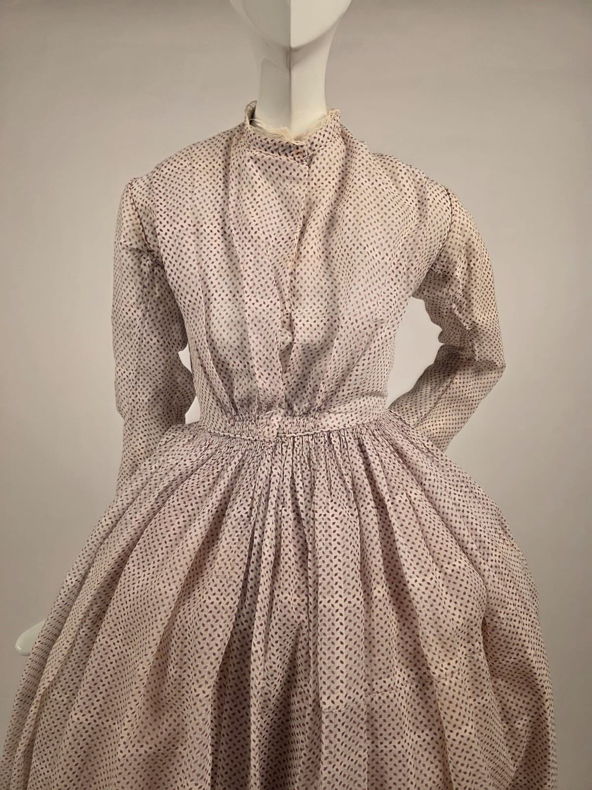 HANDSEWN CIVIL WAR 1850’S PRINT + WINDOWPANE MUSLIN DRESS MUSEUM QUALITY