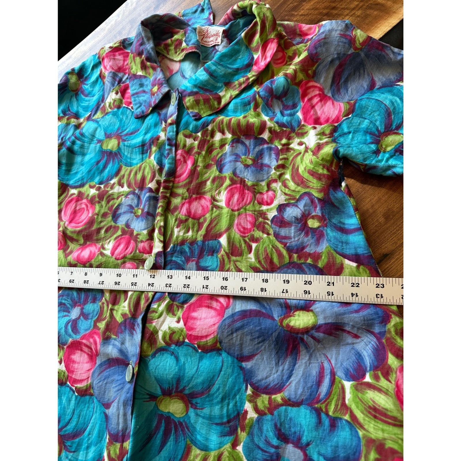 Rhapsody Glazier Vintage Retro 70s Housecoat Dress M/L Floral Pearl Button Robe