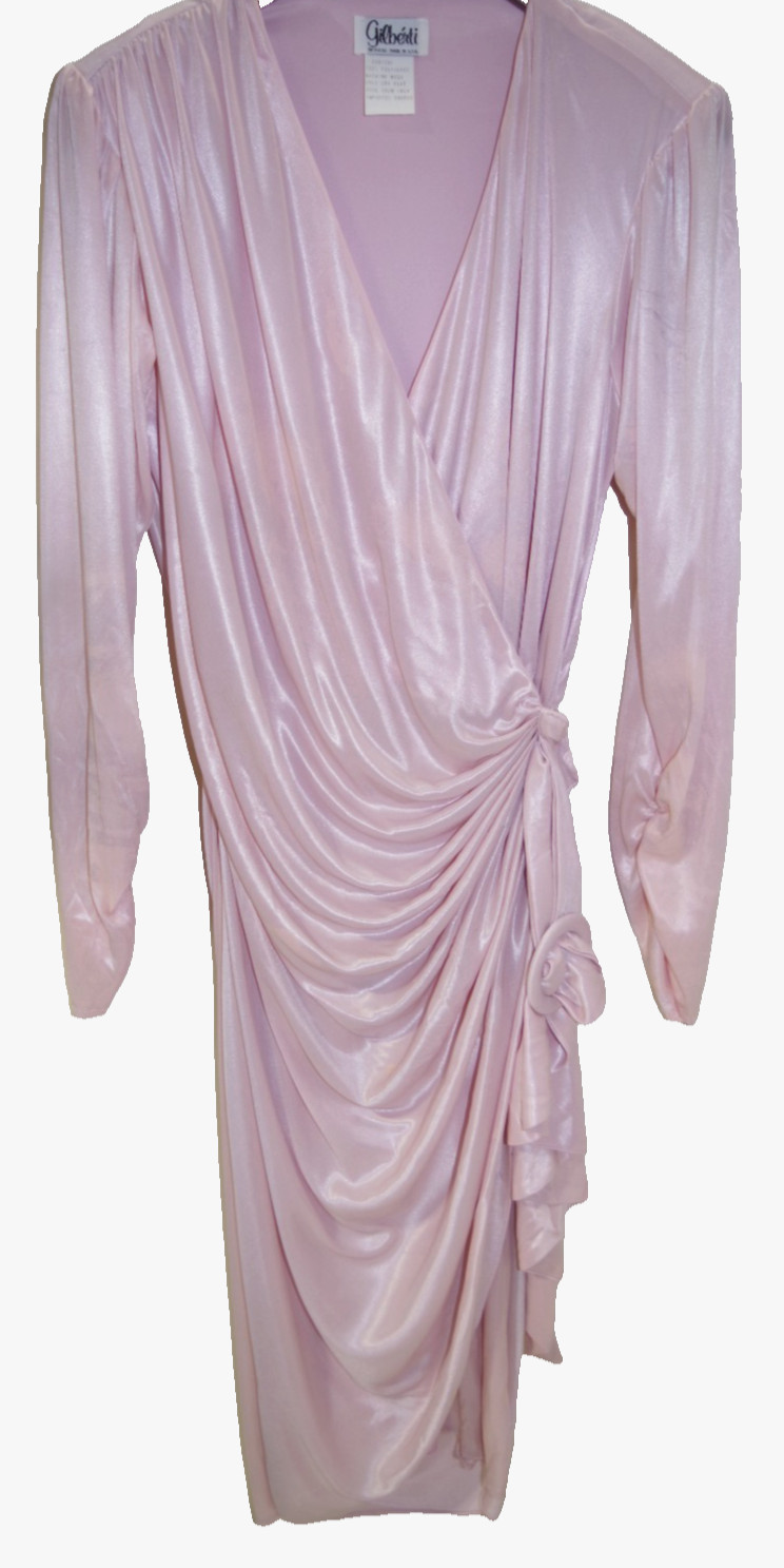 R1 80s Gilberti 10 Mauve Pink Metallic Silver Puff Sleeve Draped Dress USA Disco