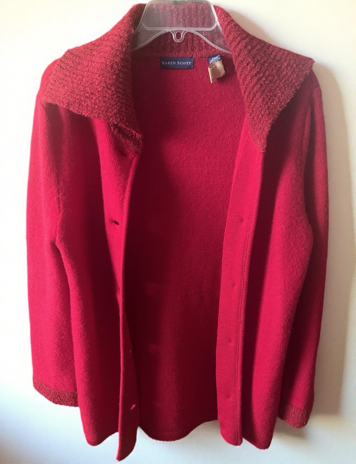 Vintage Karen Scott Wool Button Up Cardigan with Shawl Collar. Medium