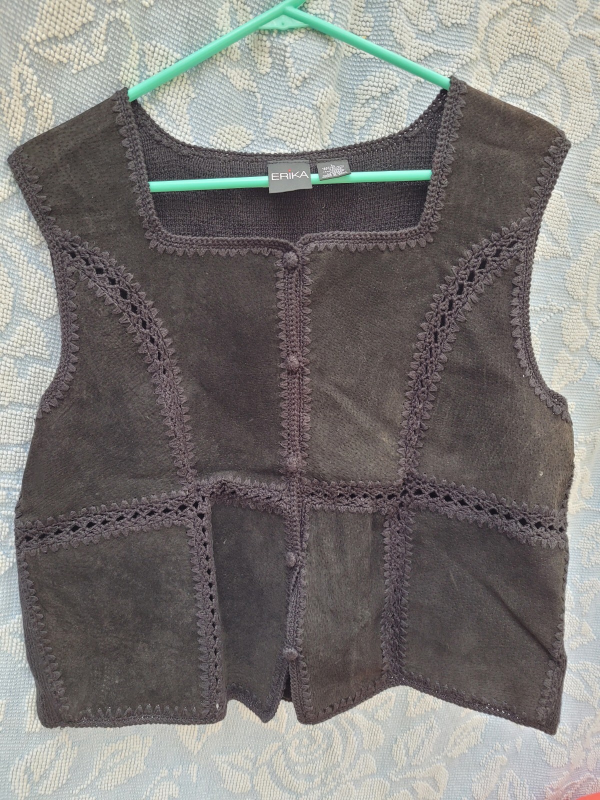 Vintage Erika Black Patchwork Suede Leather Boho Hippie Vest L Medieval Cosplay