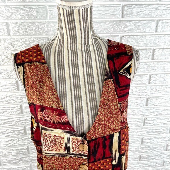 Vintage JD Wright Patterned Patchwork Vest Size 12 Red Black Cream