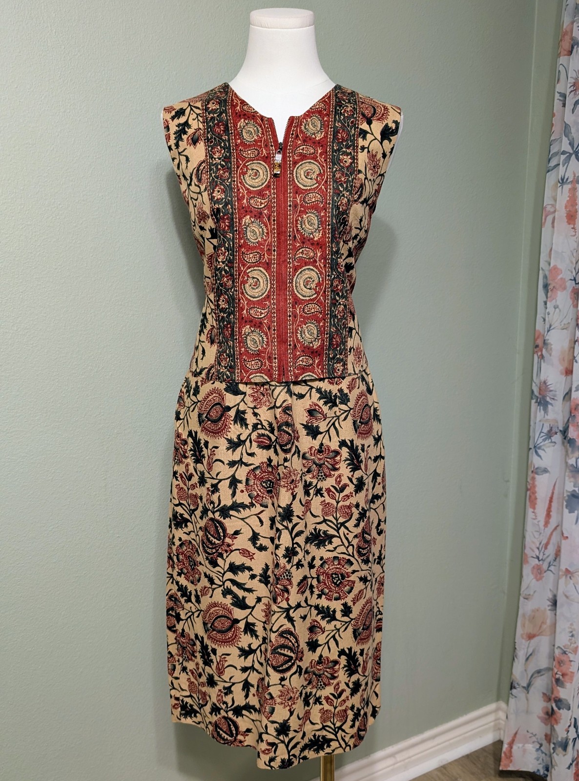 Vintage 90’s Sharon Young Folk Bohemian Artsy Midi Skirt Vest Set Women’s Small