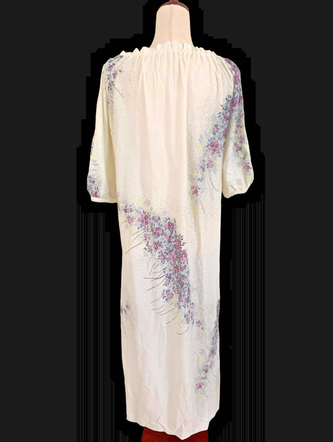 Cinch Neck Maxi Night Gown Cottage Prairie Vintage Lavender Floral 1960s Size L