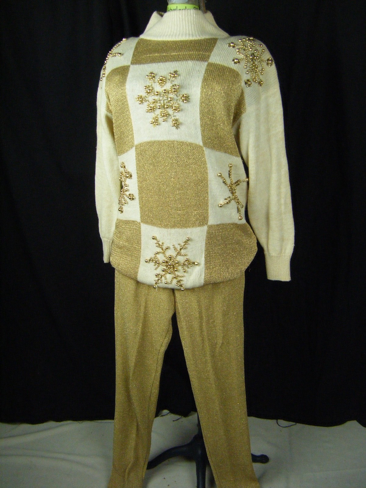 EMINENT/LEW MAGRAM Vtg Christmas Pullover Sweater & Gold Knit Pant-Bust 40/S-M