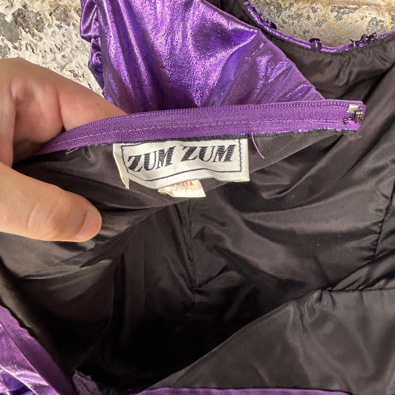 Vintage 80’s Zum Zum Party Dress Purple Metallic Ruched Sequin Prom 9/10