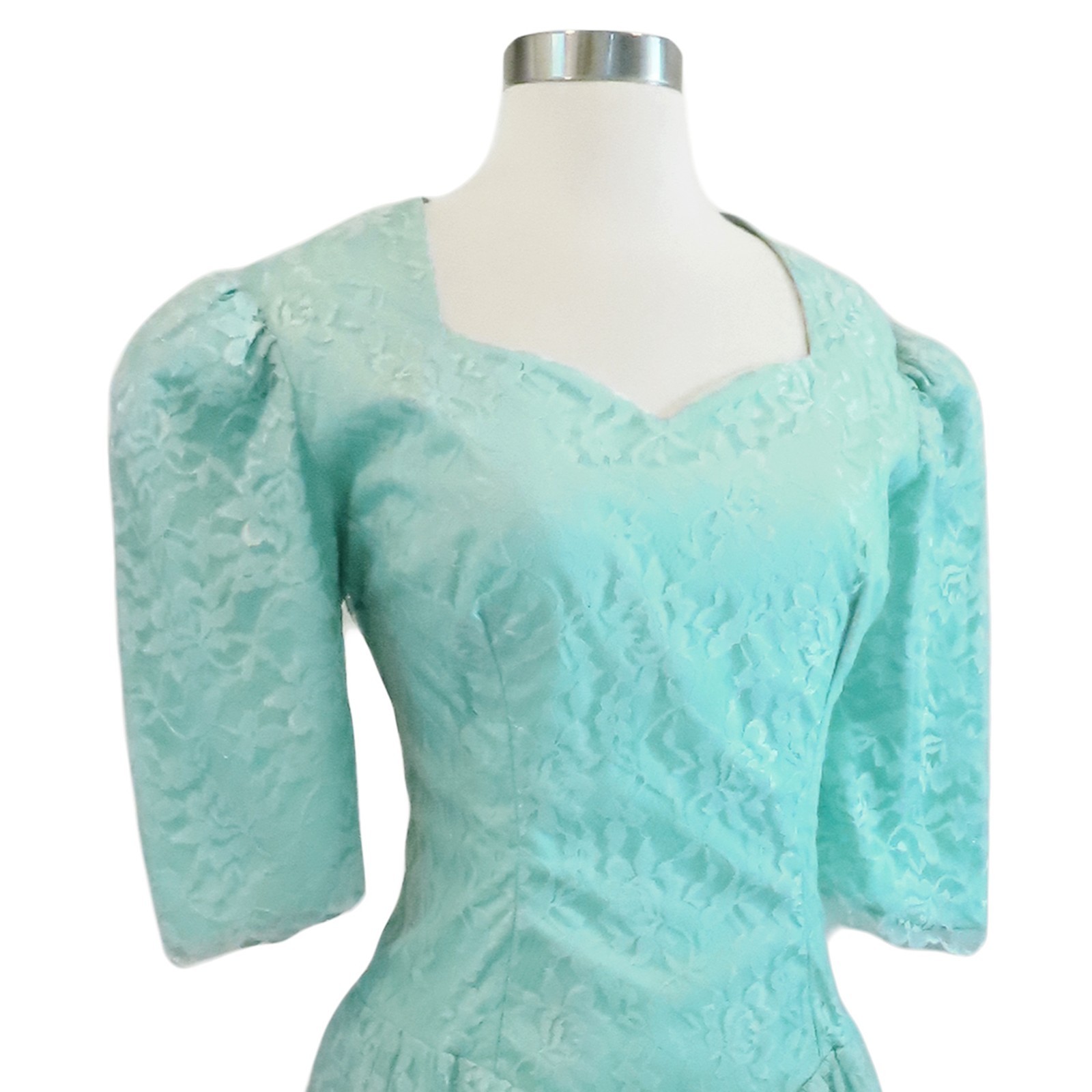 Vintage 80s Blue Green Seafoam Lace Peplum Sheath Cocktail Party Prom Dress L XL