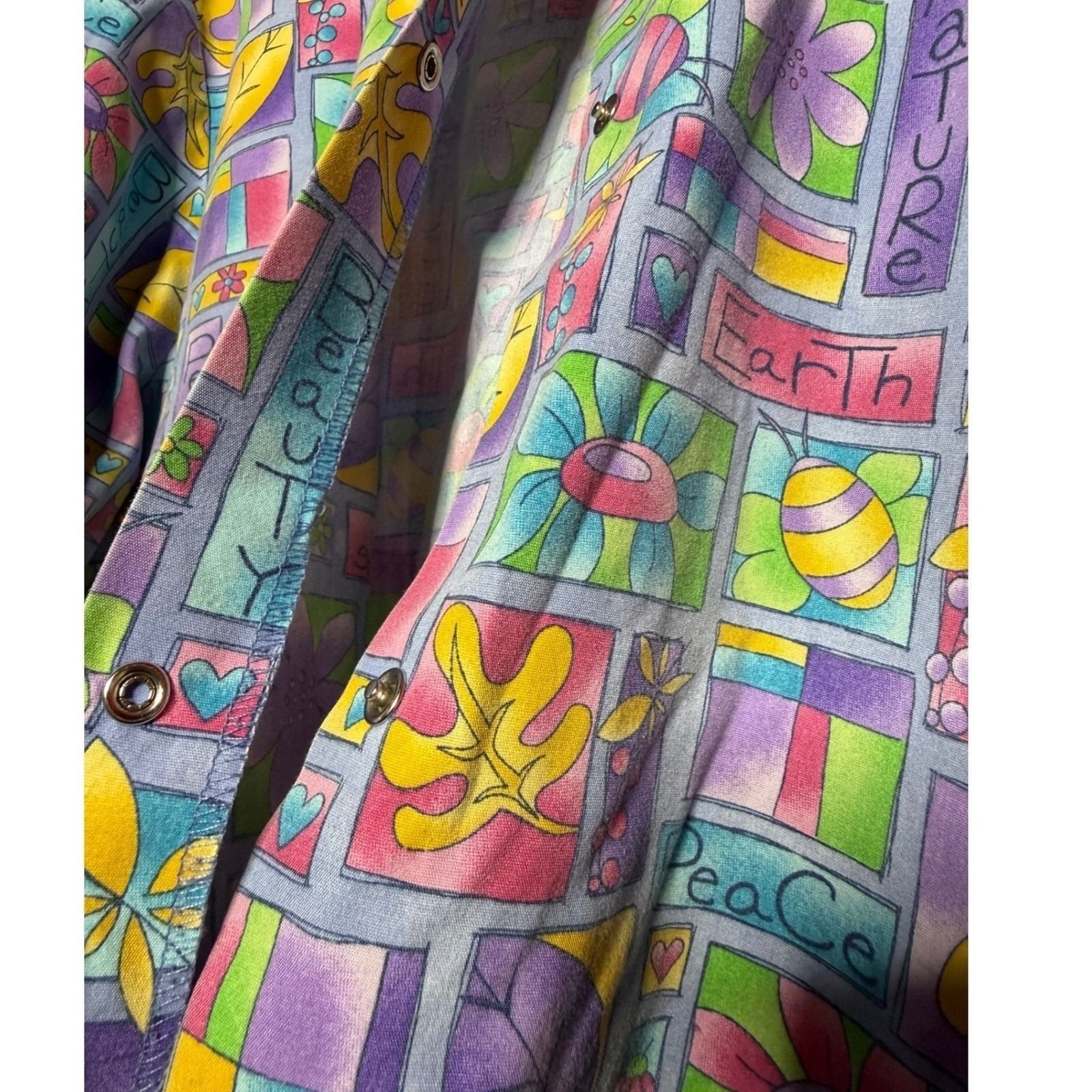 VTG SB Fashion Scrubs Jacket Women XL Multicolor Nature Peace Earth Beauty Print
