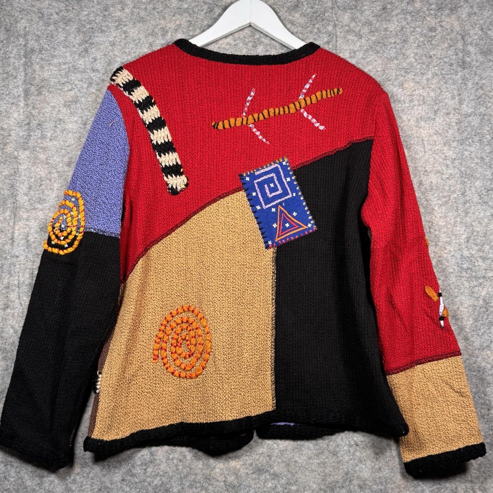 Vintage Alex Kim Knit Embroidered Cardigan Sweater Womens Size M 20×25 Patchwork