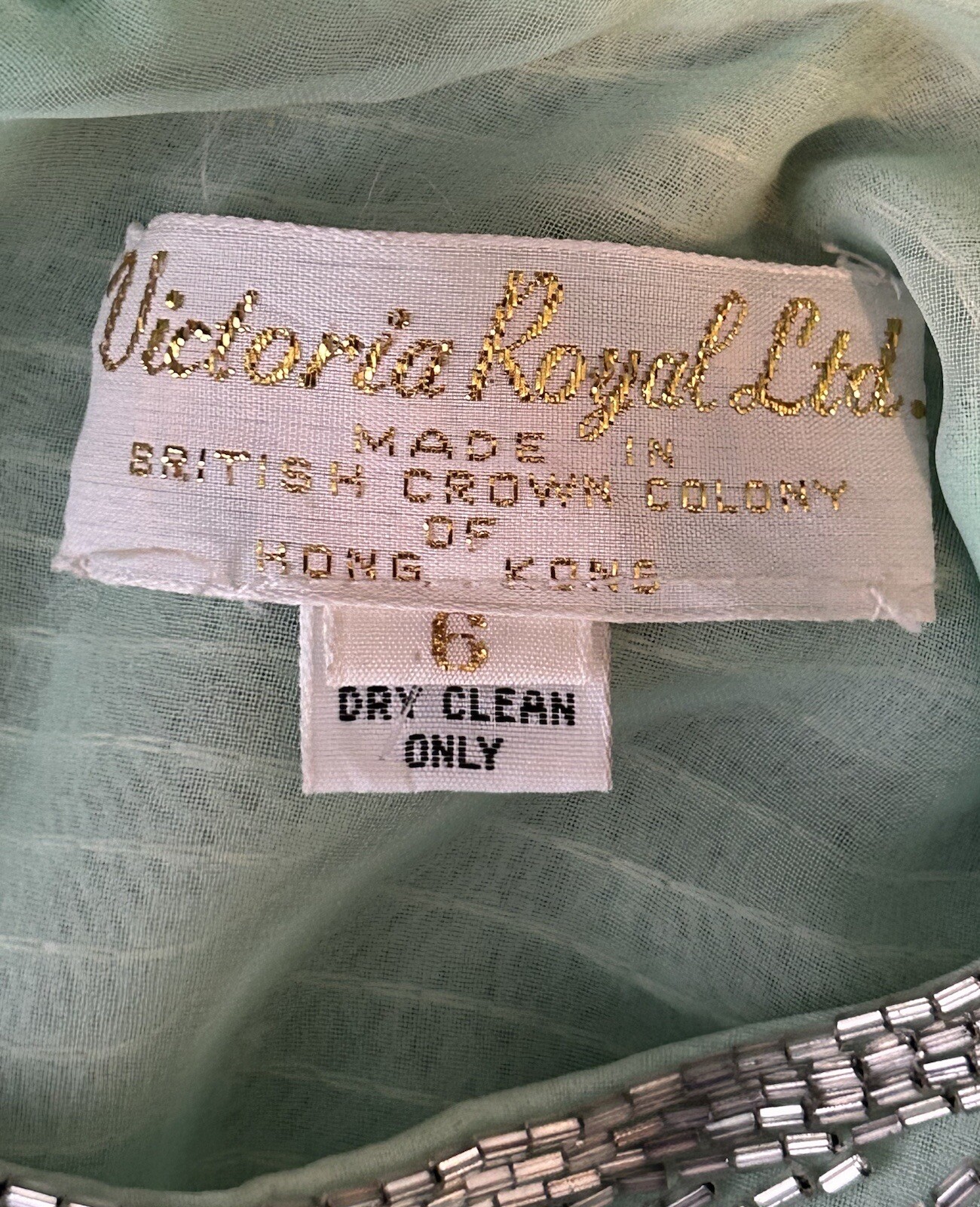VTG 1960s Victoria Royal Ltd Gown Sz 6 Seafoam Green Beaded Rhinestones Lined