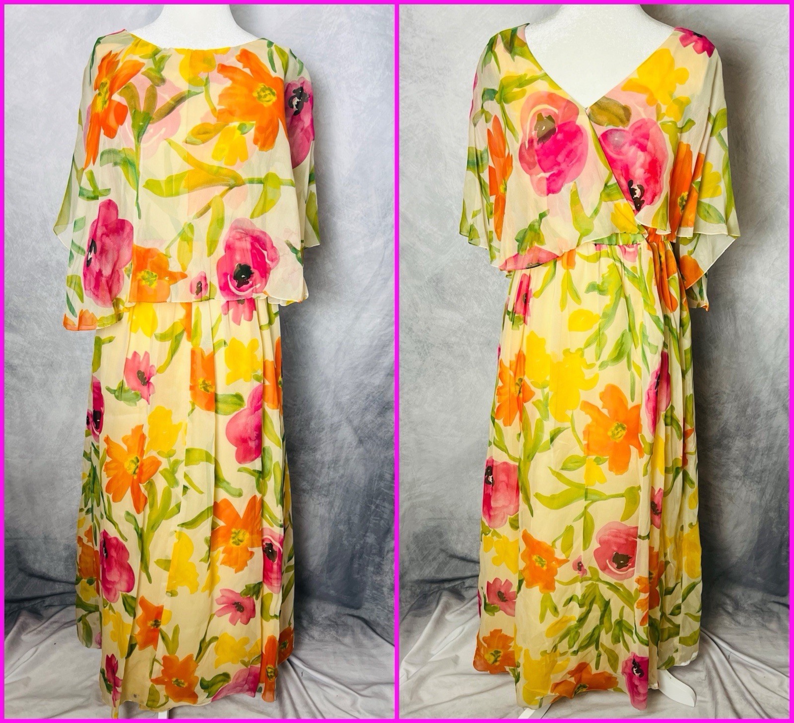 Vintage 1970s Kiki Hart Floral Watercolor Silk Chiffon Romantic Dress NWT Size S