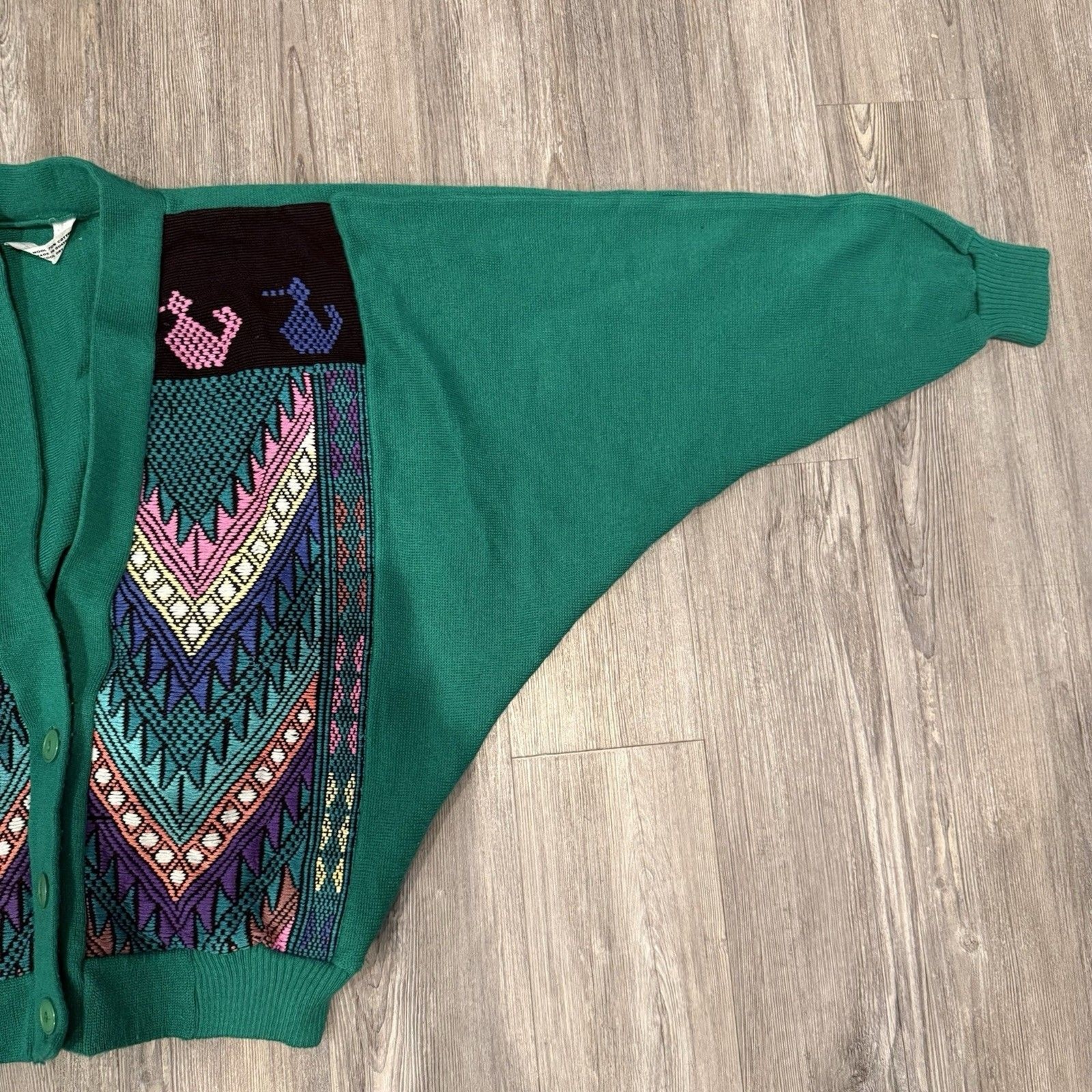 Vintage Handmade Guatemalan Cardigan Sweater Woven Cotton Wool Green Folk Art