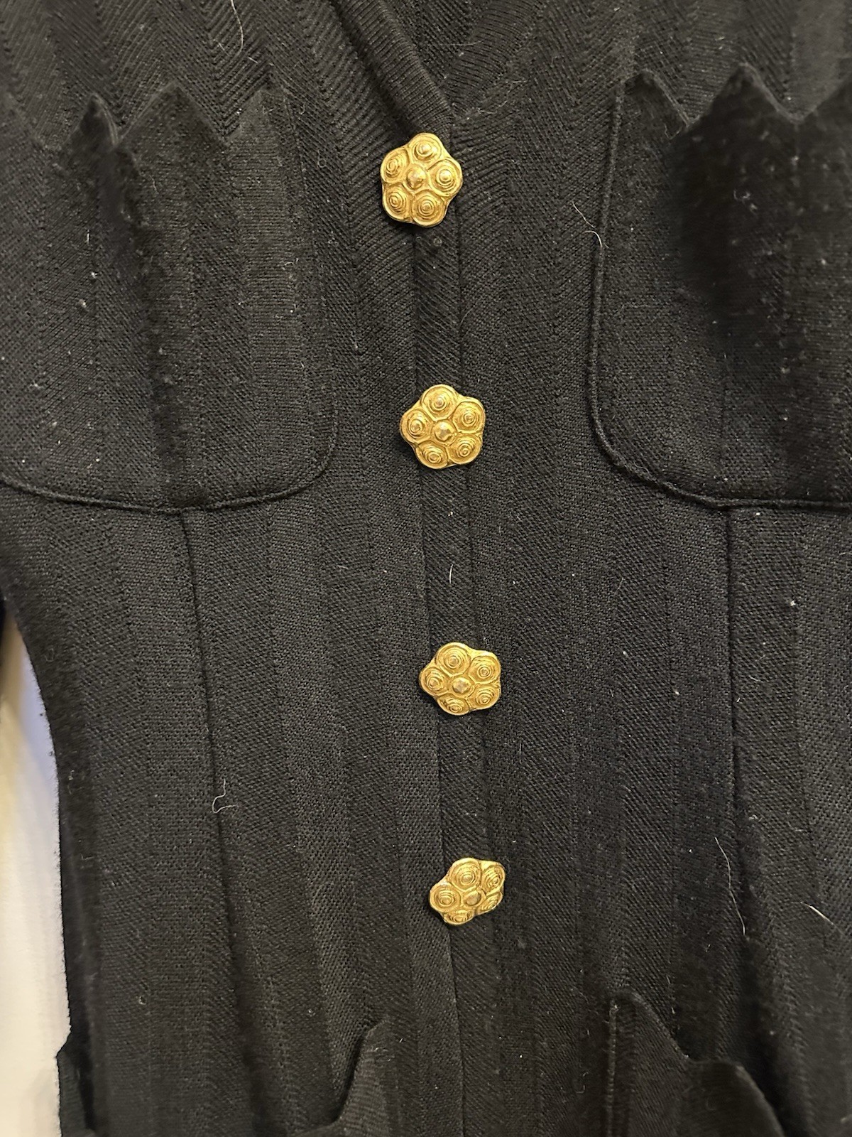 Vintage Kathryn Dianos Black Wool Long sleeve Dress With Gold Flower Buttons