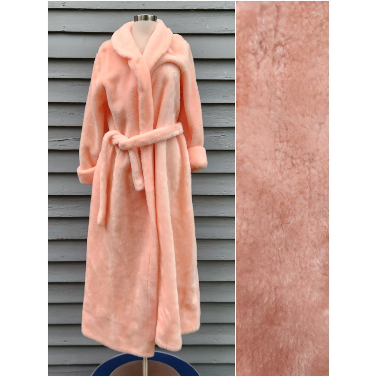 Vintage 60s Glam Charm Borg Fabric Robe Peach Pink Faux Fur Long Dressing Gown L