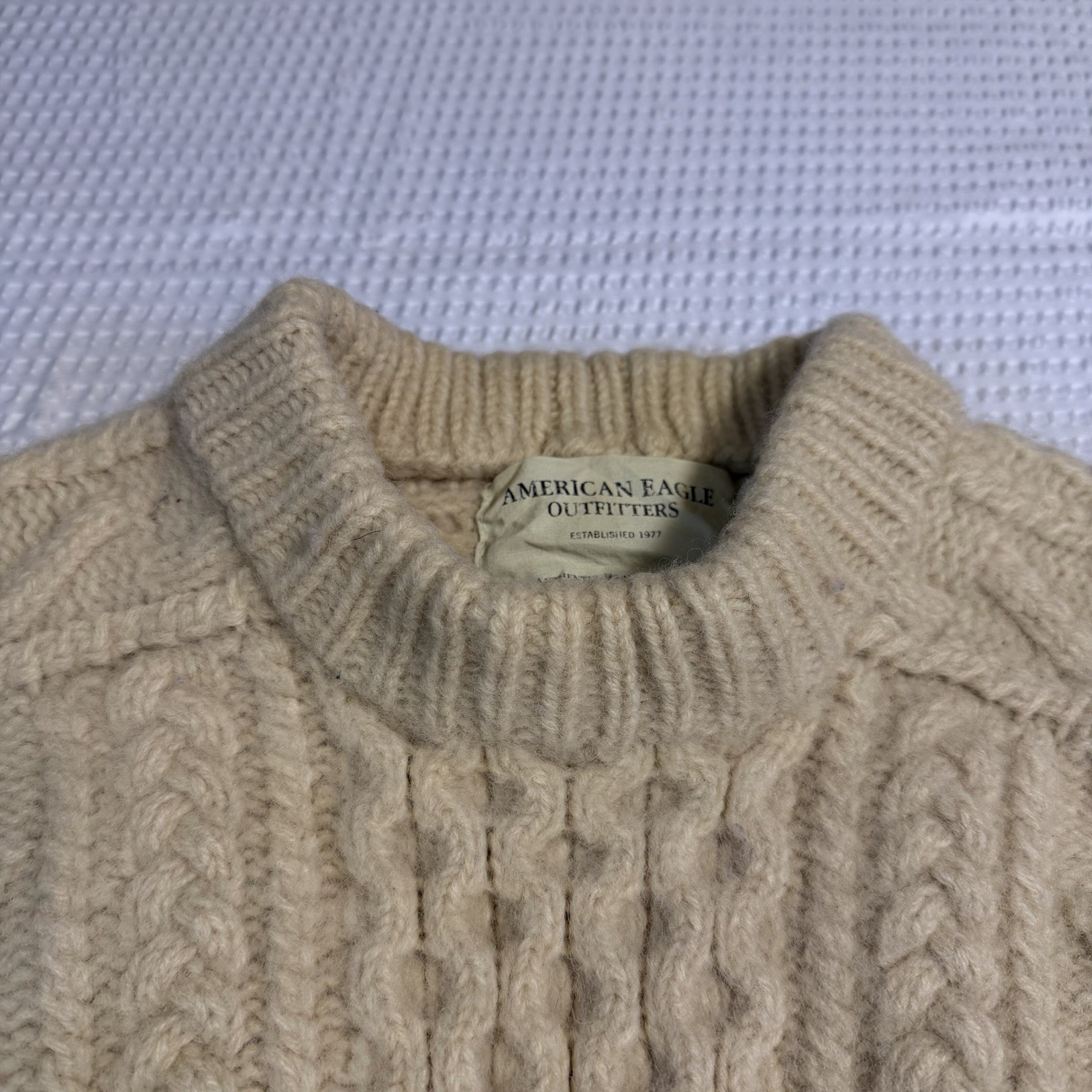 VTG American Eagle Beige 100% Wool Cable Knit Fisherman Sweater Handknit Size M