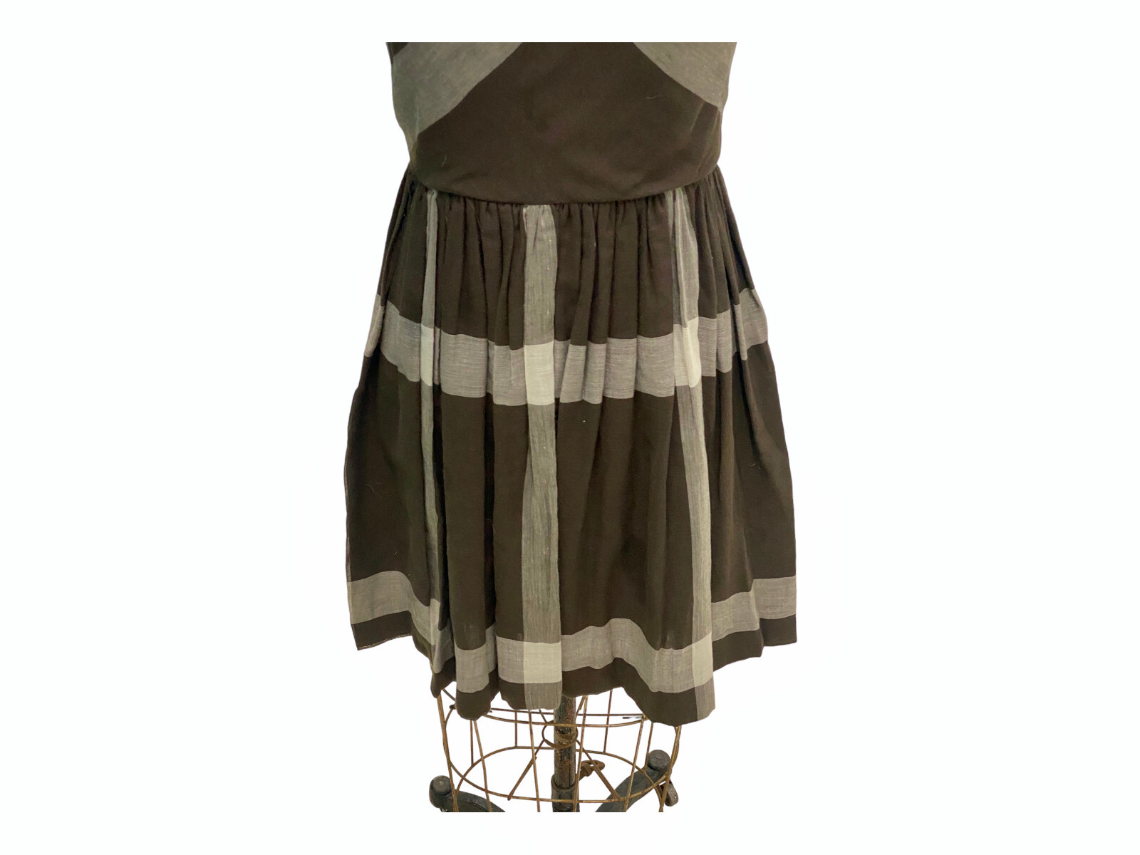 Vintage 1960s Brown Gray Striped Cotton Fit & Flair Dress Small