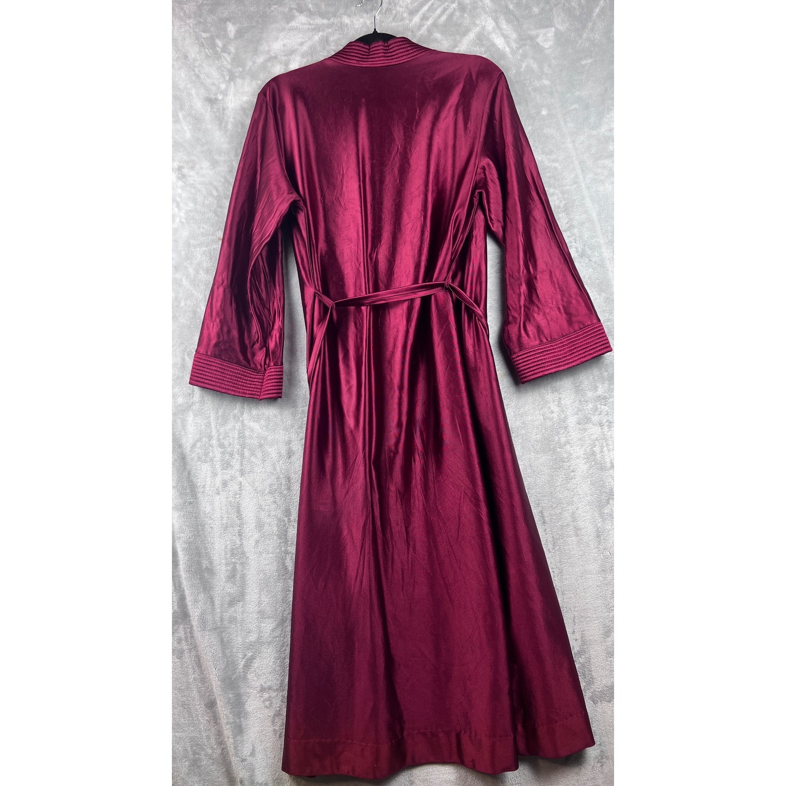 Vintage Burgundy Robe Satin Long Wrap Pleated Trim Wine Red Lingerie Small