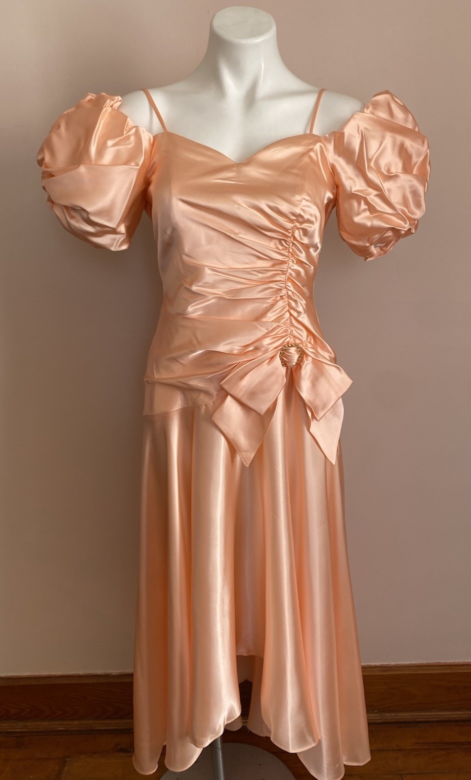 Vtg JC Penny Peach 80s Prom Dress 5/6 Gown Hi Lo Ruch Puff Sleeve Satin Union