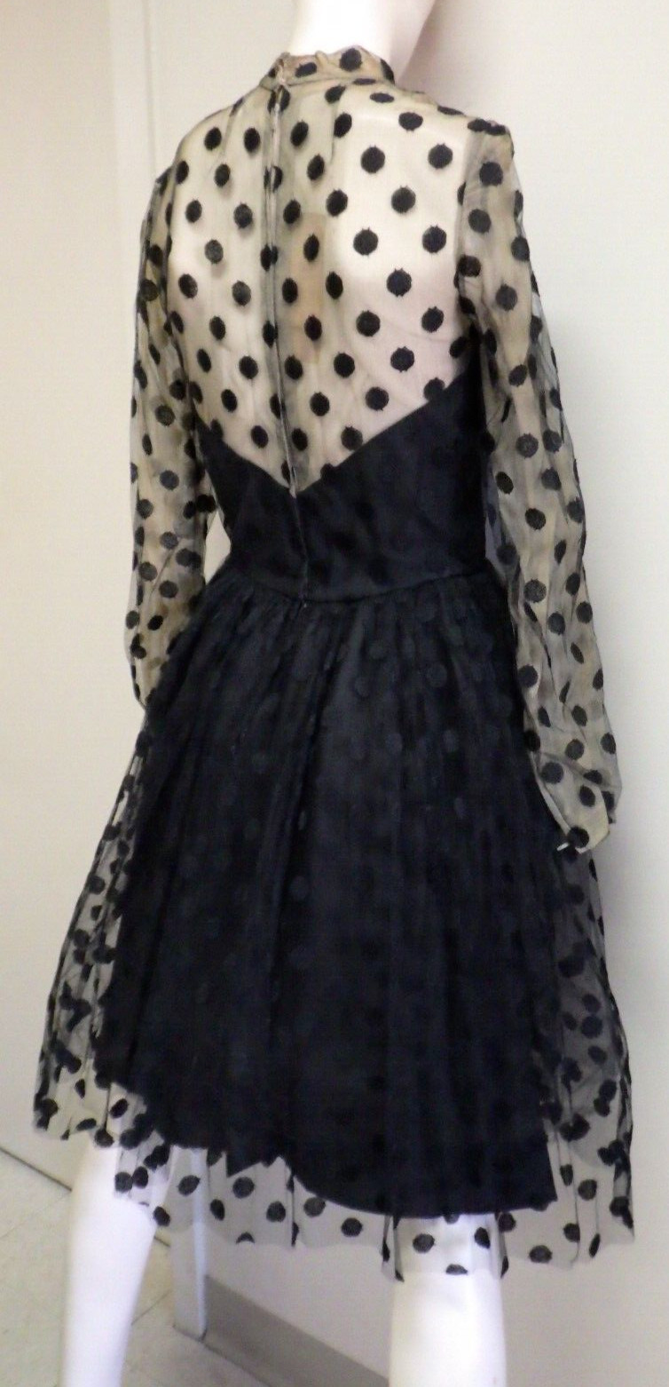 Tee-Ca of New York Vtg 1960s Black Dress Spotted Netting Prom Goth Cocktail Sz 6