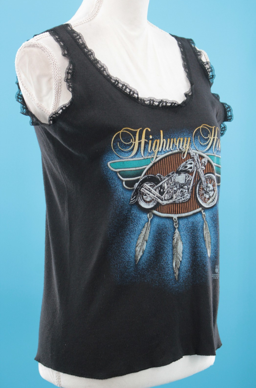 VTG Womens 90s Biker 3D Emblem Lace Trim Tank Top TShirt XL Harley Highway Honey