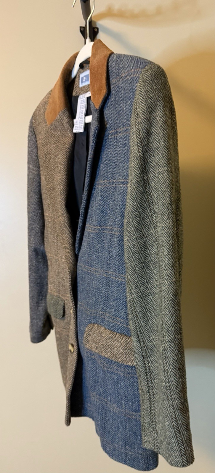 Vintage 90s QPS Wool Blend Herringbone Patchwork Blazer Suede Collar Size 8