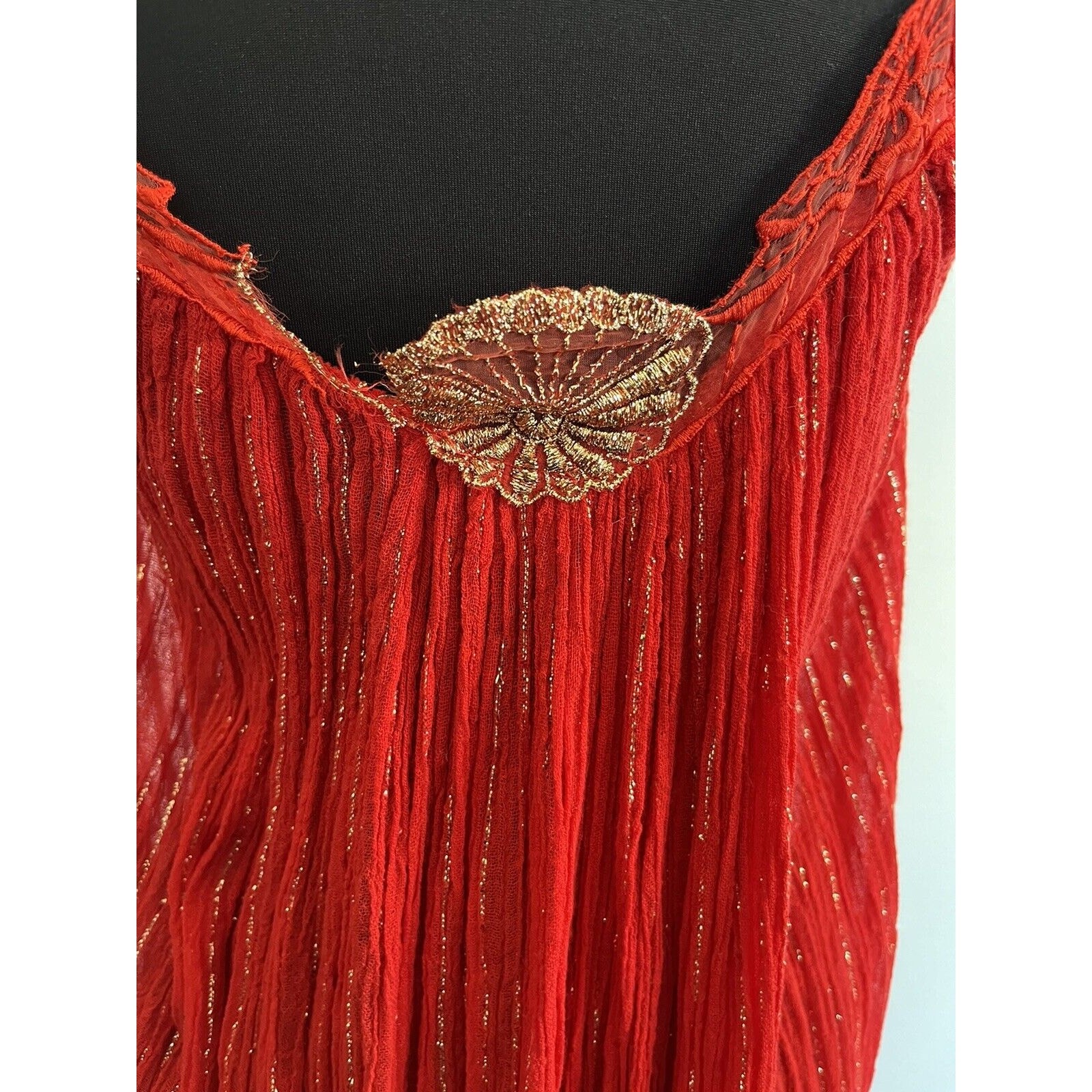 Vintage Rare Maxi Dress M Cotton Gauze Made in Greece Red Gold Thread Boho