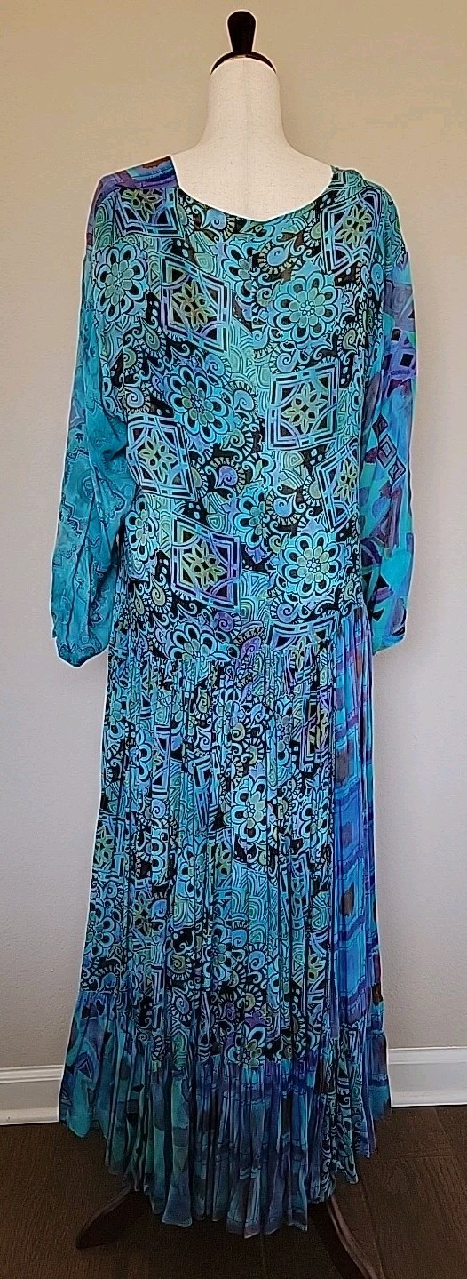 Vtg URU Womens Maxi Dress One Sz Oversized Tiered Lagenlook Drop Waist Floral