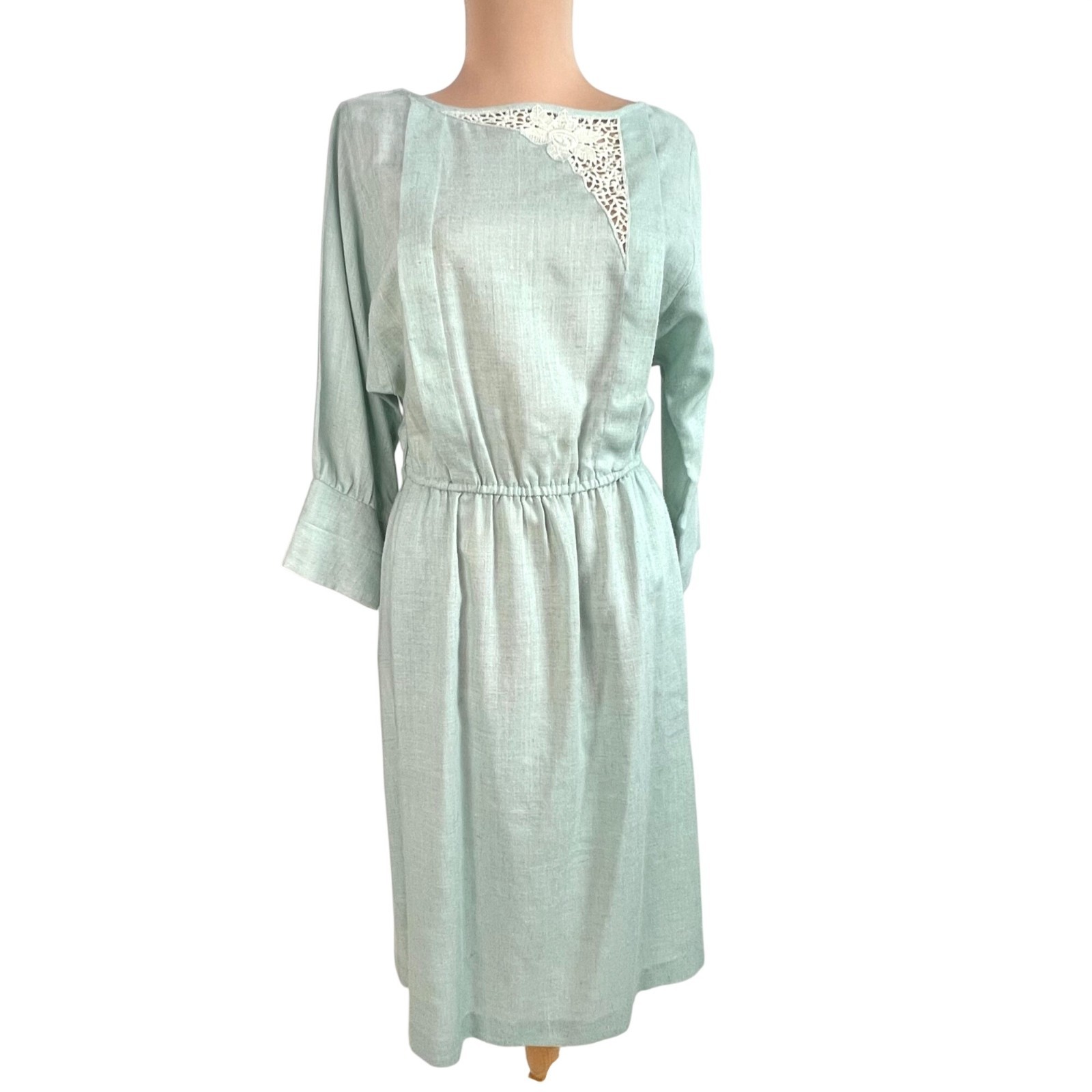 Vtg Brenner Petites Cottagecore Mint Green Pleated Lace Bodice Dress M Granny
