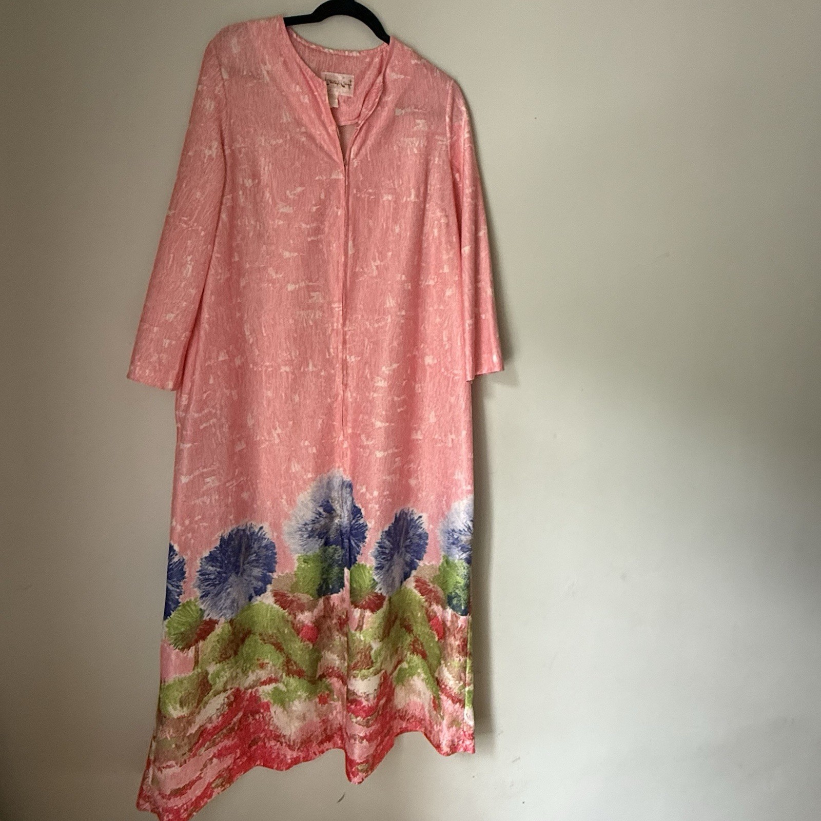 Vintage 70s Lounge Craft Original Pink Abstract Caftan Dress Boho Loungewear
