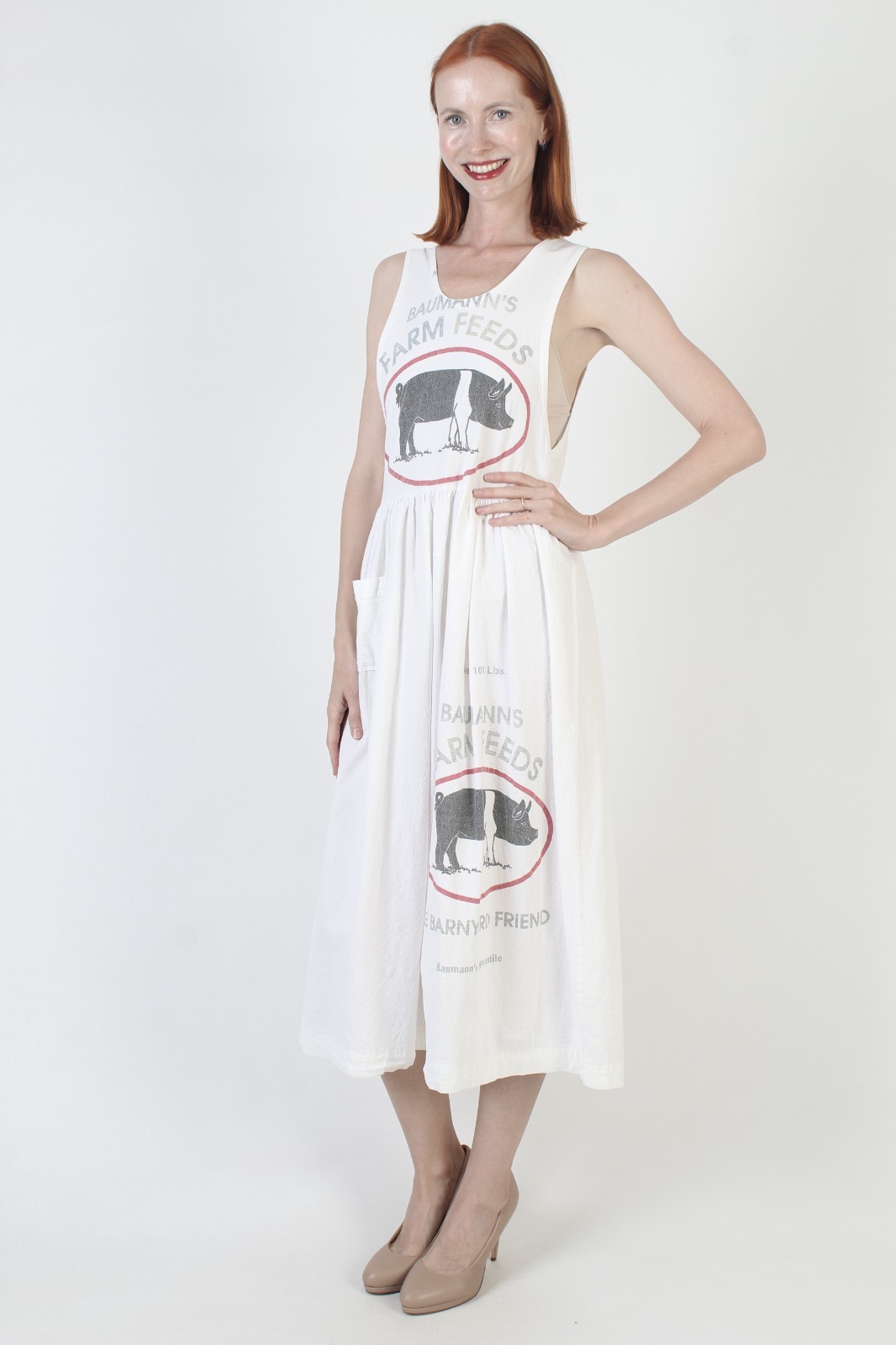 Vtg Baumanns Farm Feed Sack Dress Flour Grain Wht Country Apron Barn Pinafore